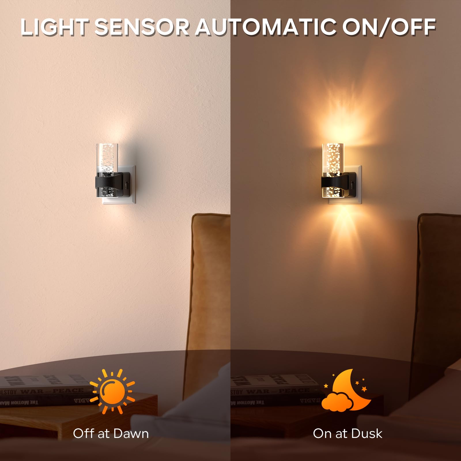 Quntis Luce Notturna da Presa con Sensore Crepuscolare, Luce Notturna con Design a Bolla in Acrilico, 1-100 lm Luminosità Regolabile, 2 Pezzi Luci Notturne da Presa, 3000K Bianco Caldo - 2