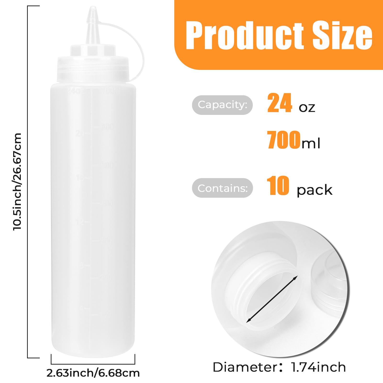 DHSBTLS 24 oz Plastic Squeeze Bottles, 10 Pack Clear Condiment Squeeze Bottles with Tethered Caps, Ketchup Bottles for Sauces, Perfect for Condiments, Oil, Icing, Liquids, with 10 Stickers and 1 Pen