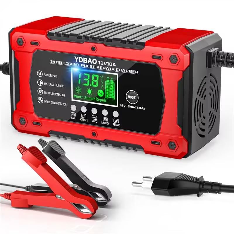 YDBAO Cargador de Batería de Coche 12V 10A Cargador Baterias Coche y Moto Inteligente con Reparación y Múltiples Protecciones y Pantalla LCD Cargador bateria para Auto,Moto, Camión, AGM, Gel,SLA