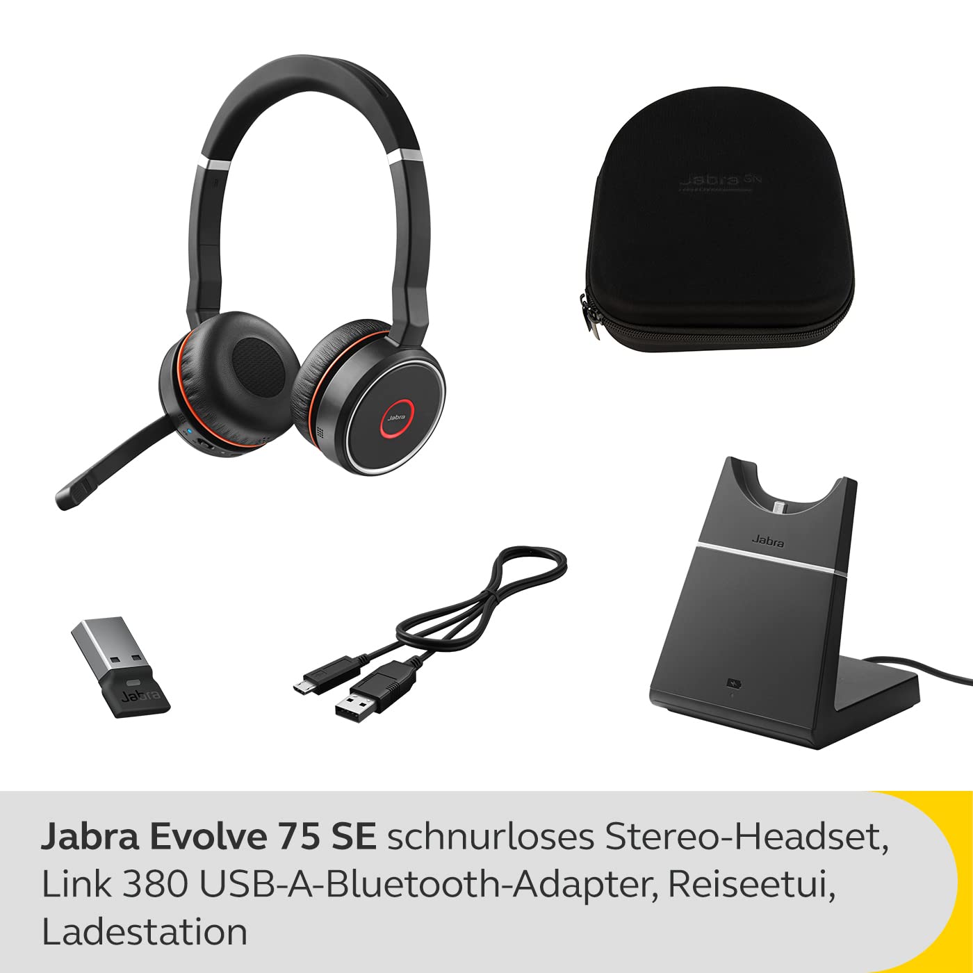 Jabra Evolve 75 SE Schnurloses Stereo-Headset - Bluetooth-Headset mit Mikrofon mit ANC und Ladestation - Für MS Teams Zertifiziert, kompatibel mit Allen gängigen Plattformen - Schwarz