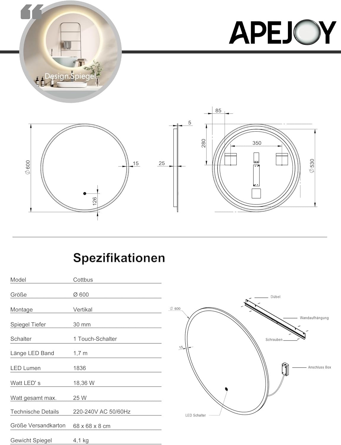 ApeJoy 60 Cm Bathroom Mirror With Lighting Round Bl Produktbild-Vorschau 4