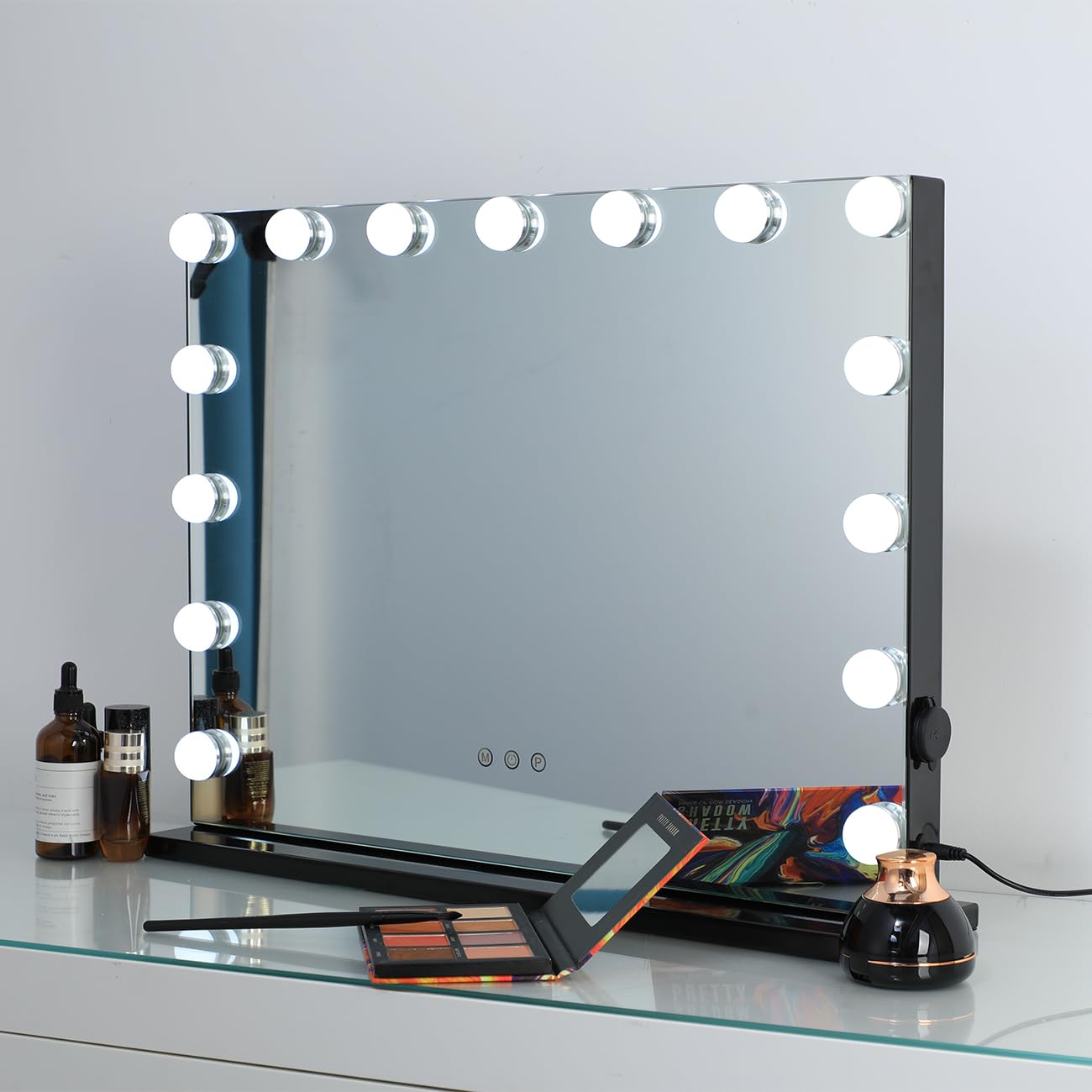 DAYU Espejo de Maquillaje Hollywood con Luz LED, 15 Bombillas Regulables, Control Táctil, 3 Modos de Color, Memoria, Puerto de Carga USB, Montaje en Pared o de Mesa, Negro