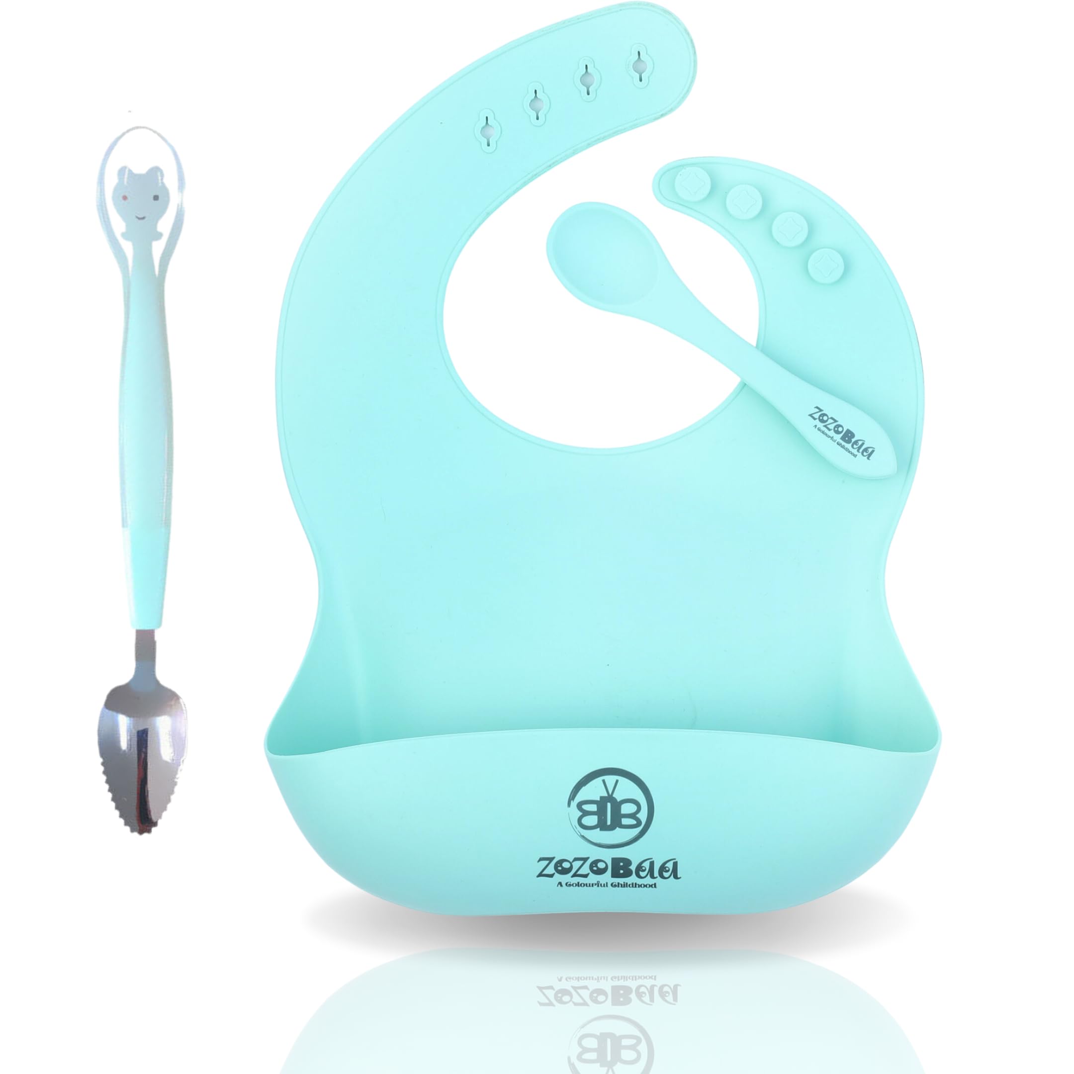 ZoZoBaa Stainless Steel Fruit Scraper Spoon with Silicone Bib for Toddler | Double Head 2 in 1 Silicone Baby Soft Tip Multi-use Fruit Scraping Spoon & Adjustable Feeding Bib Set,Green-image-12