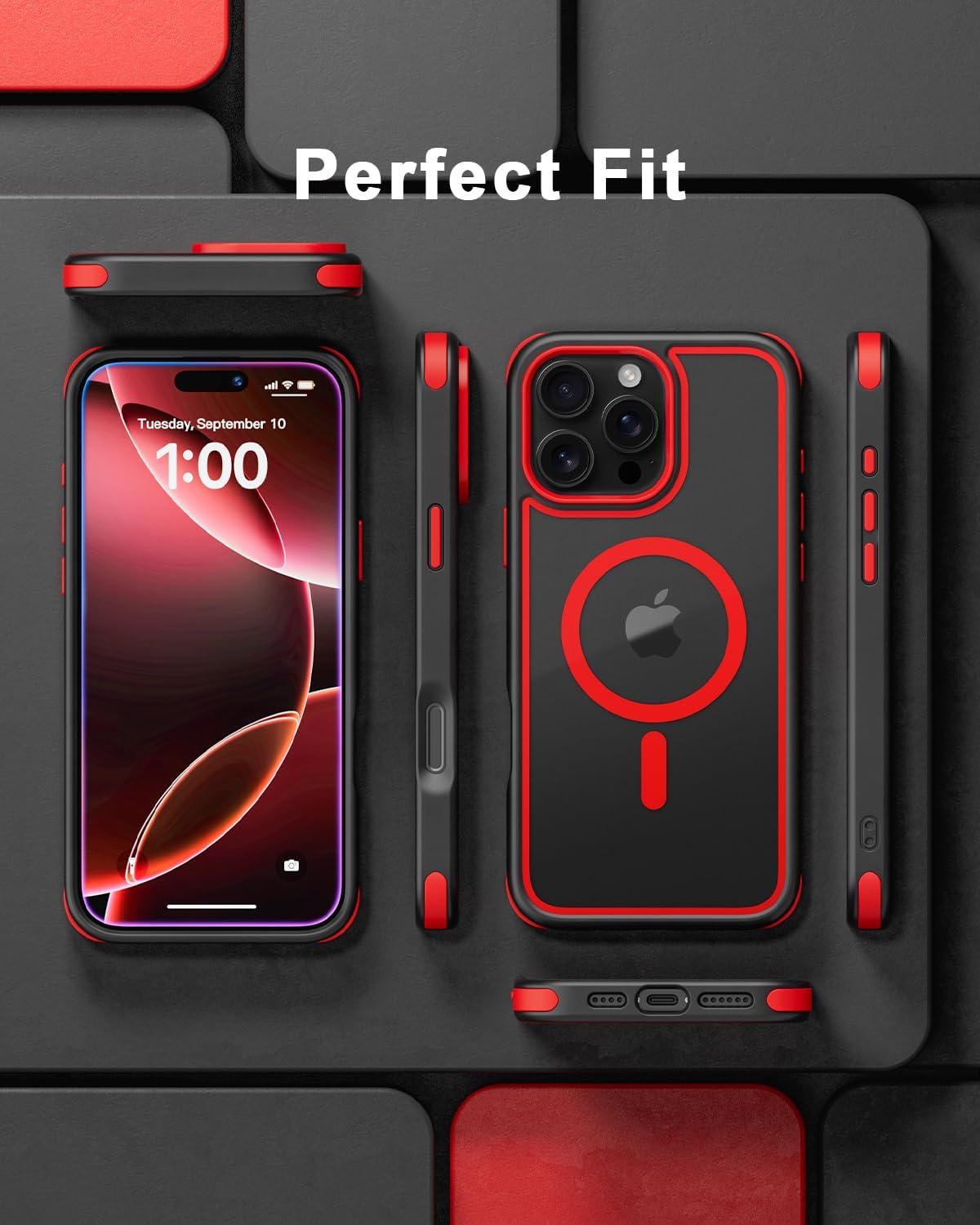 Mobnano for iPhone 16 Pro Max Case, Compatible with MagSafe, Crystal Clear Case with Magnetic Ring, Multicolor Protective Shockproof Bumpers, Not Yellowing Slim Cover for Men Women - Black/Red - Image 5