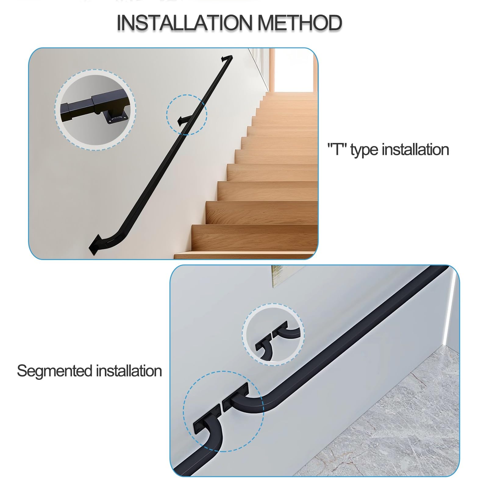Pasamanos de tubo industrial negro para escaleras interiores y exteriores, pasamanos de escalera de tubo cuadrado, barandilla de pared, acero galvanizado negro
