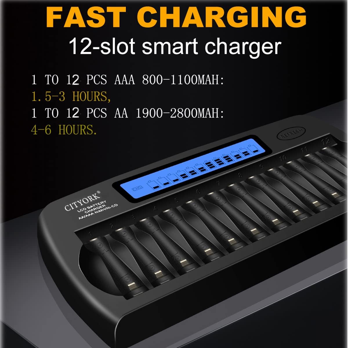 CITYORK Caricabatterie per Pile Ricaricabili AA e AAA, 12 Slot Caricabatterie per batterie AA/AAA Ni-MH/Ni-CD con display LCD intelligente e scarica, protezione IC e alimentatore di rete integrati