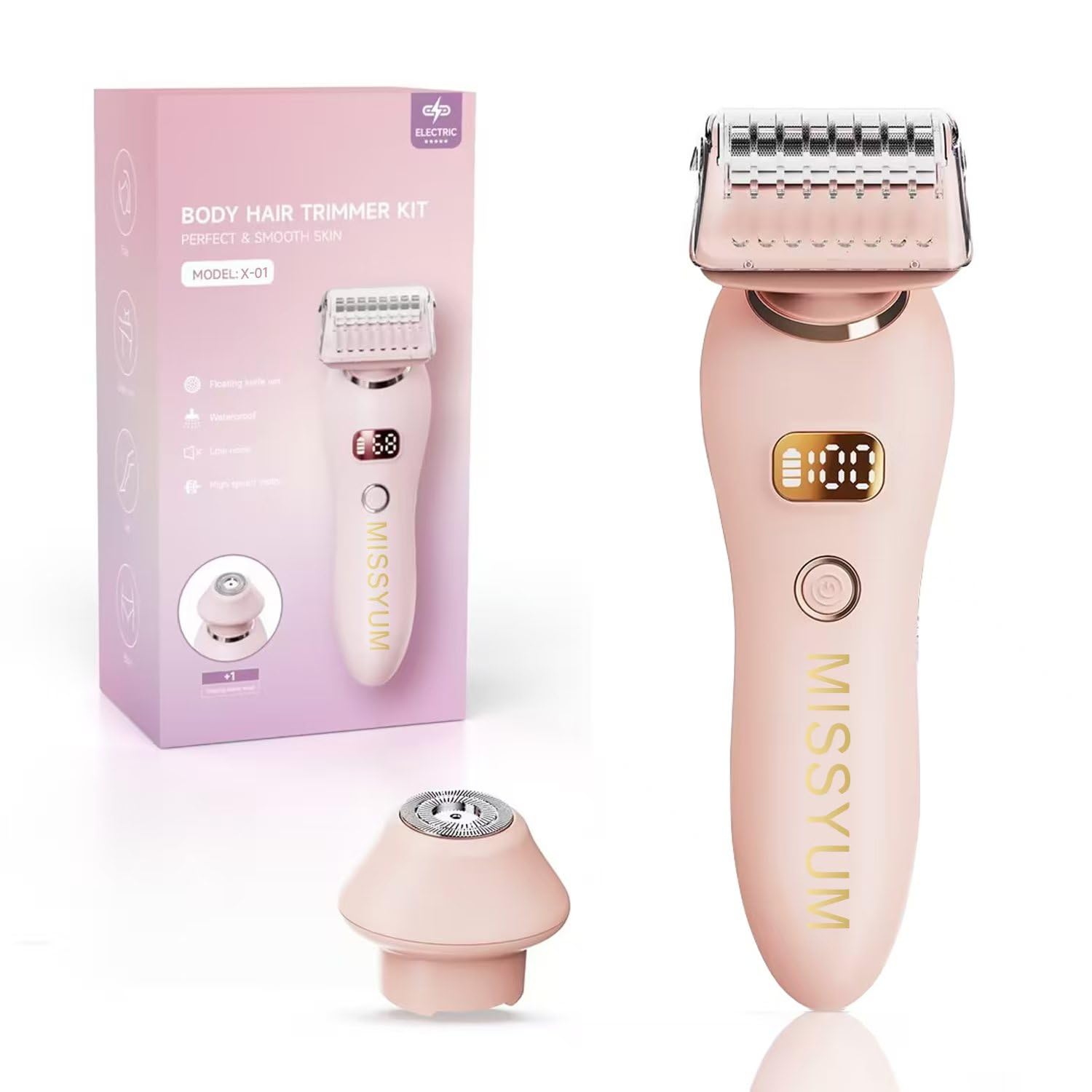 MISSYUM Women's Electric Shaver Waterproof 2-in-1 Bikini Trimmer & Body Epilator with LED Display, Type-C Charging, Rechargeable Cordless Lady Shaver for Sensitive Skin, Painless Hair Removal (Pink)