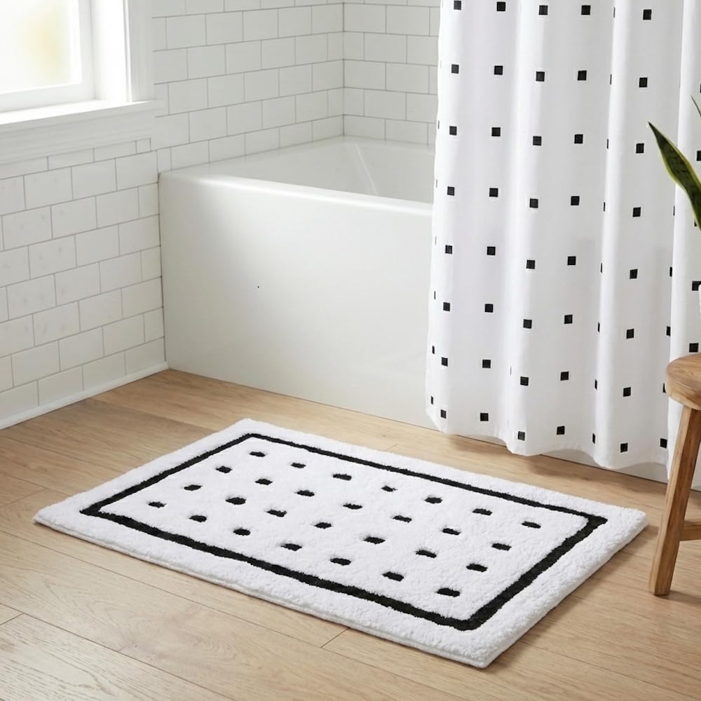 Croydex Soft White Non Slip Bath Mat with Black Square Design 45 x 68cm