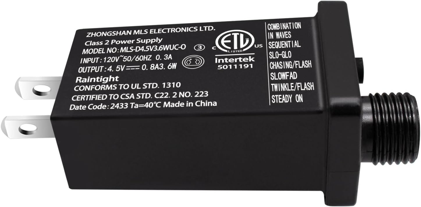 Class 2 Power Supply 4.5V 3.6W LED Transformer Replacement with 8 Modes and Memory Function IP44 Low Voltage Adapter for Christmas Tree String Light, Fairy Light