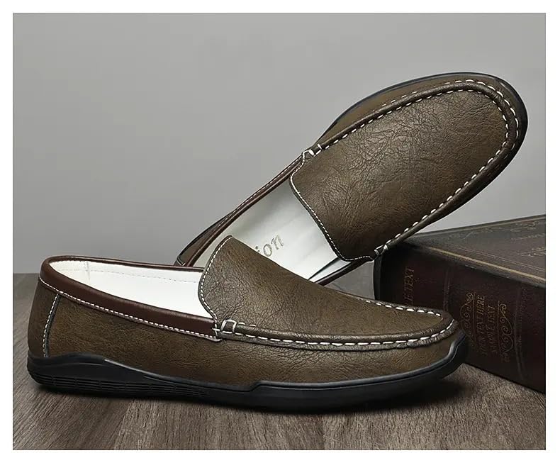 Men's Loafers Round Toe Solid Color Vegan Leather Comfortable Flat Heel Lightweight Walking Outdoor Slip-on3