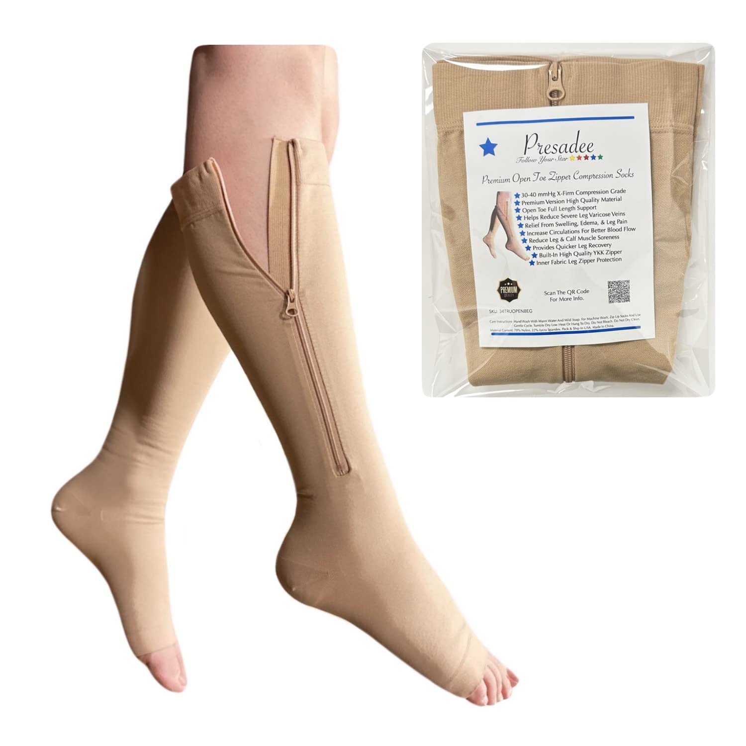 Presadee 30-40 mmHg Extra Firm Zipper Compression Leg Swelling Open Toe Socks