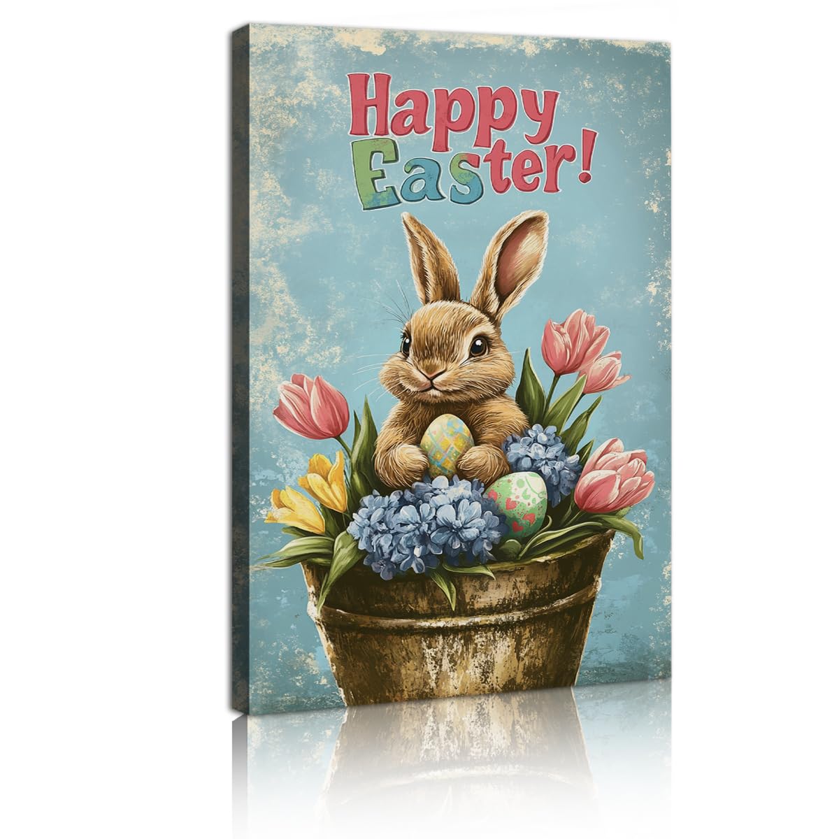Dibujo vintage de lona enmarcada y desgastada Mural de conejo de Pascua con estampado de huevos de flor de tulipán Imágenes para la decoración de la cocina del salón y la habitación del bebé 60x105cm