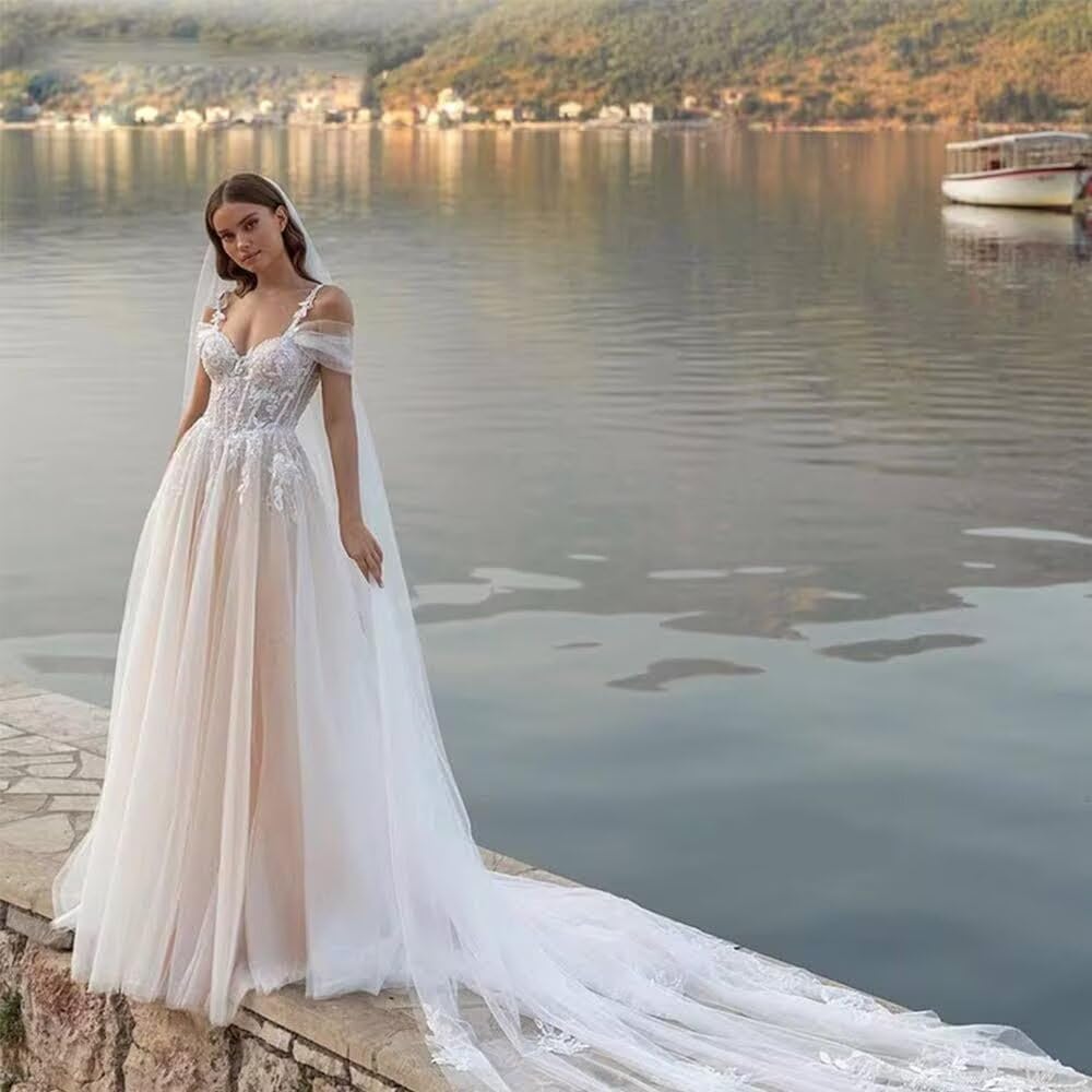 Damen Tüll Brautkleider Lang Elegant Hochzeitskleider A Linie Prinzessin Glitzer Mit Spitze V-Ausschnitt Trauung Kleid Ärmellos
