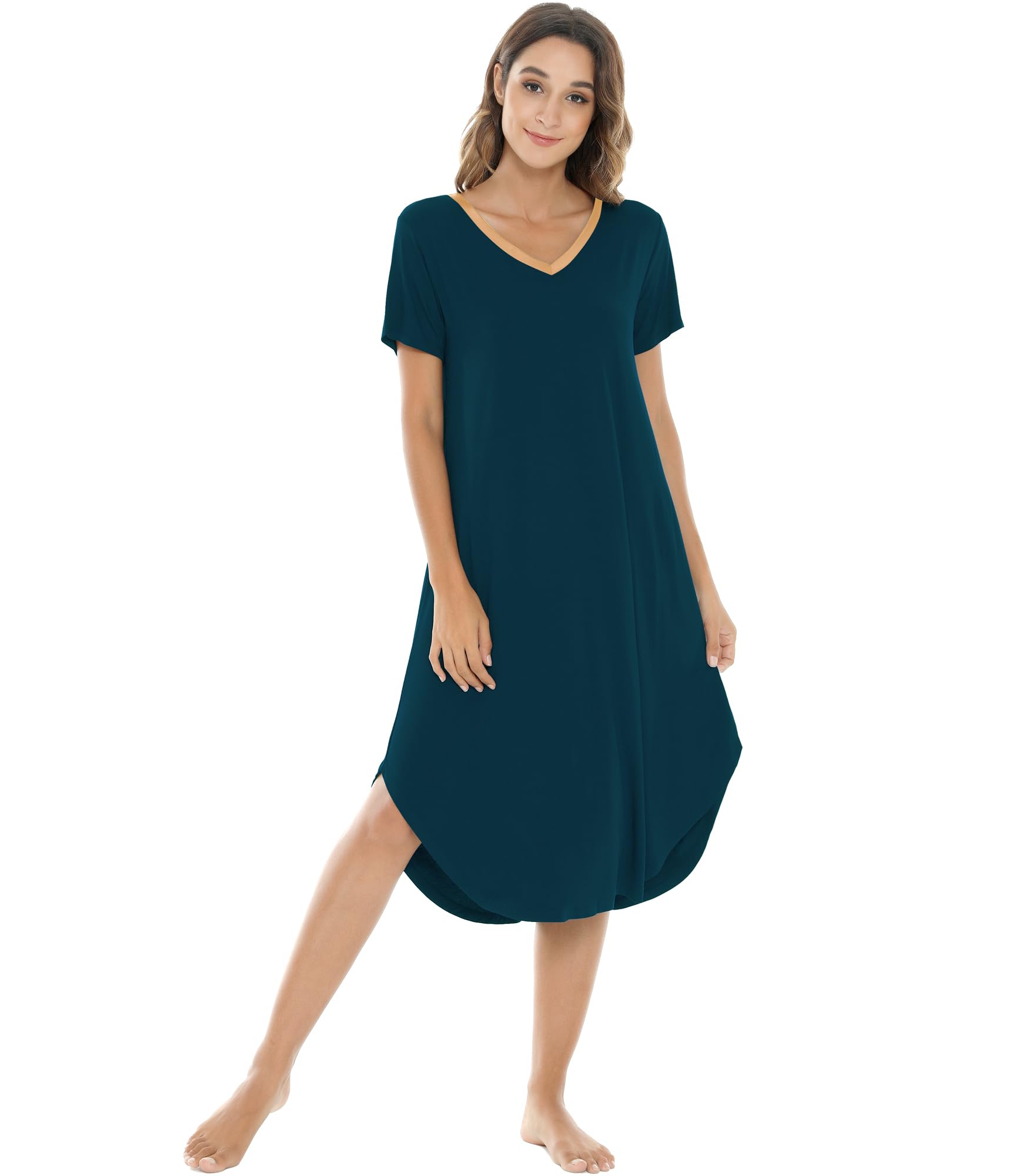 NACHILA Bamboo Viscose Nightgowns for Women Cooling Short Sleeve Sleepshirt | Soft V Neck Night Gowns, Moisture-Wicking Sleepwear for Hot Flashes &amp; Night Sweats, Ladies Nightshirts for Sleep, Home, Gift