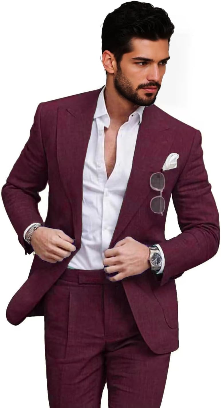 Mens Linen Suits 2 Piece Slim Fit Outfit for Summer Mens Suits for Beach Wedding Prom Suit Blazer Pants Set
