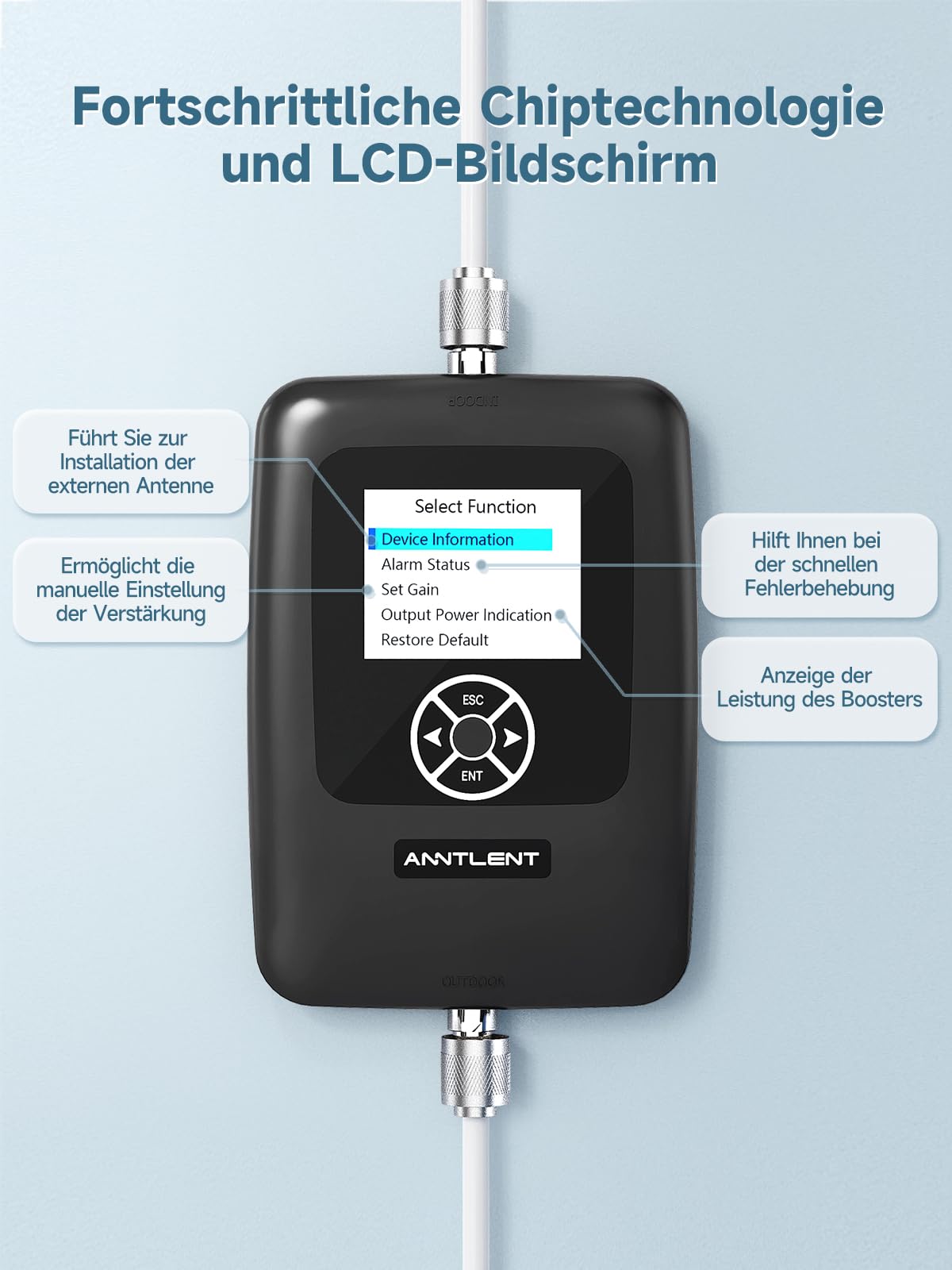 ANNTLENT LTE Verstärker Empfangsverstärker Handy mit Bildschirm Band 1/3/7/8/20 Unterstützt Alle Deutschen Betreiber O2 | 4G 3G 2G GSM Repeater 70 dB Hohe Verstärkung Einstellbar