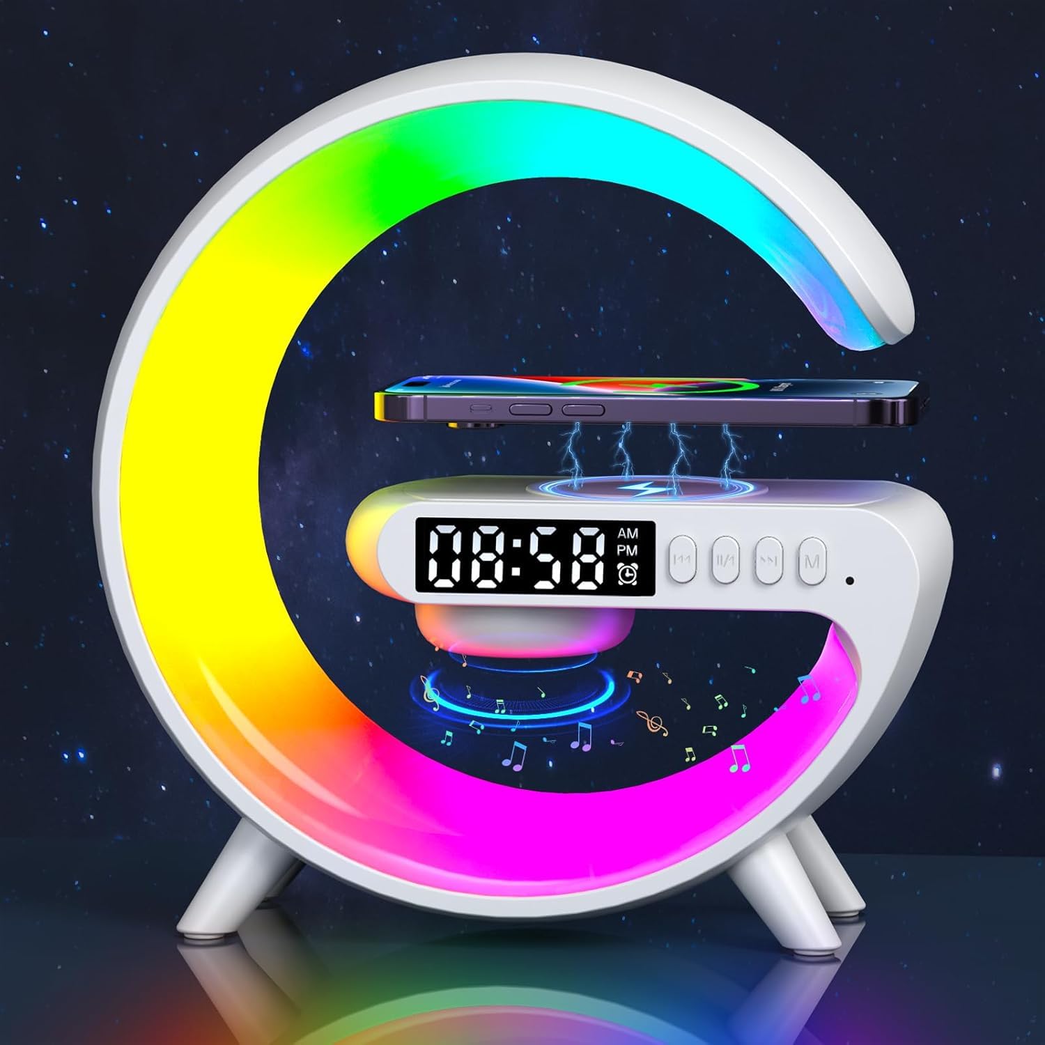 Aeehuck Mini Wireless Speaker with Atmosphere Light Wireless Charging Alarm Clock and Bedside Lamp White