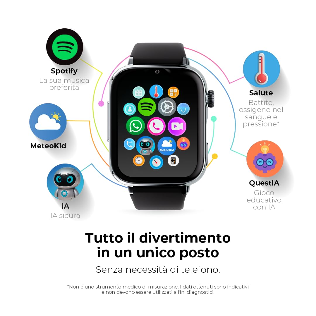 SaveFamily SaveWatch Plus 2 | Smartwatch per Bambini con Localizzatore GPS, Chiamate, Video, WhatsApp, Spotify, App Store - Quadrante Nero e Cinturino in Silicone Nero
