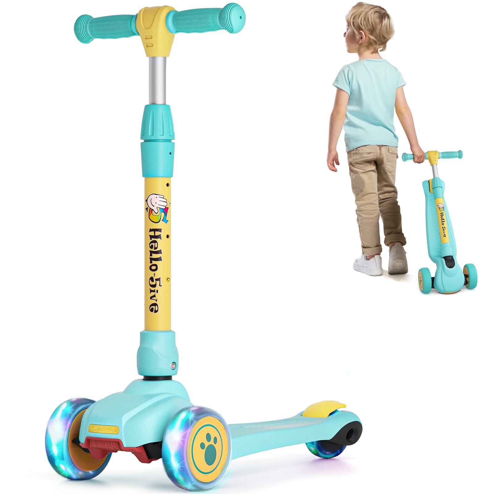 Scooter for Kids Ages 2-8, 3 Wheel Foldable Kids Scooter For Boys Girls, Toddler Kick Scooter With Adjustable Height & Non-Slip Deck & LED Light Up Wheels for the Club, Park，Outdoor. (Green&Yellow)