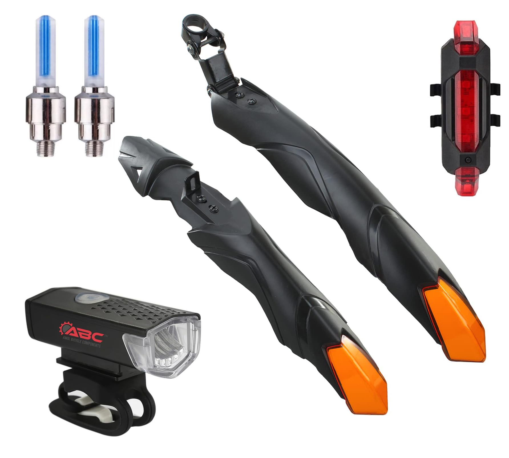 ABC Bicycle Front & Rear Mudguard with Night Reflector + Cycle Waterproof USB Rechargeable Front Rear and Valve Light (Orange) (B0CL7LYGX6) Amazon Price History, Amazon Price Tracker