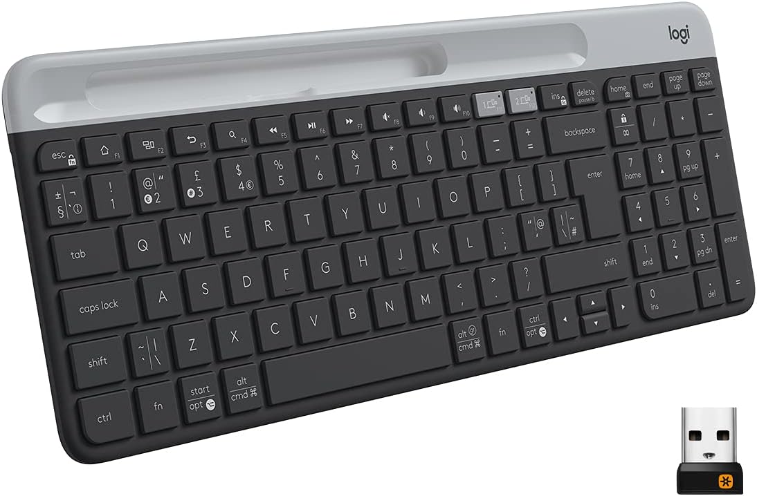 K580 Slim Multi-Device Wireless Keyboard – Bluetooth/Receiver, Compact, Easy Switch, 24 Month Battery, Win/Mac, Desktop, Tablet, Smartphone, Laptop Compatible - Graphite