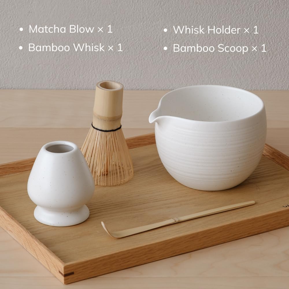 Matcha Whisk Set, Ceramic Matcha Bowl & Whisk Holder, Bamboo Accessory, Modern Design (Matte Crème, Pouring Spout) (Matte White)