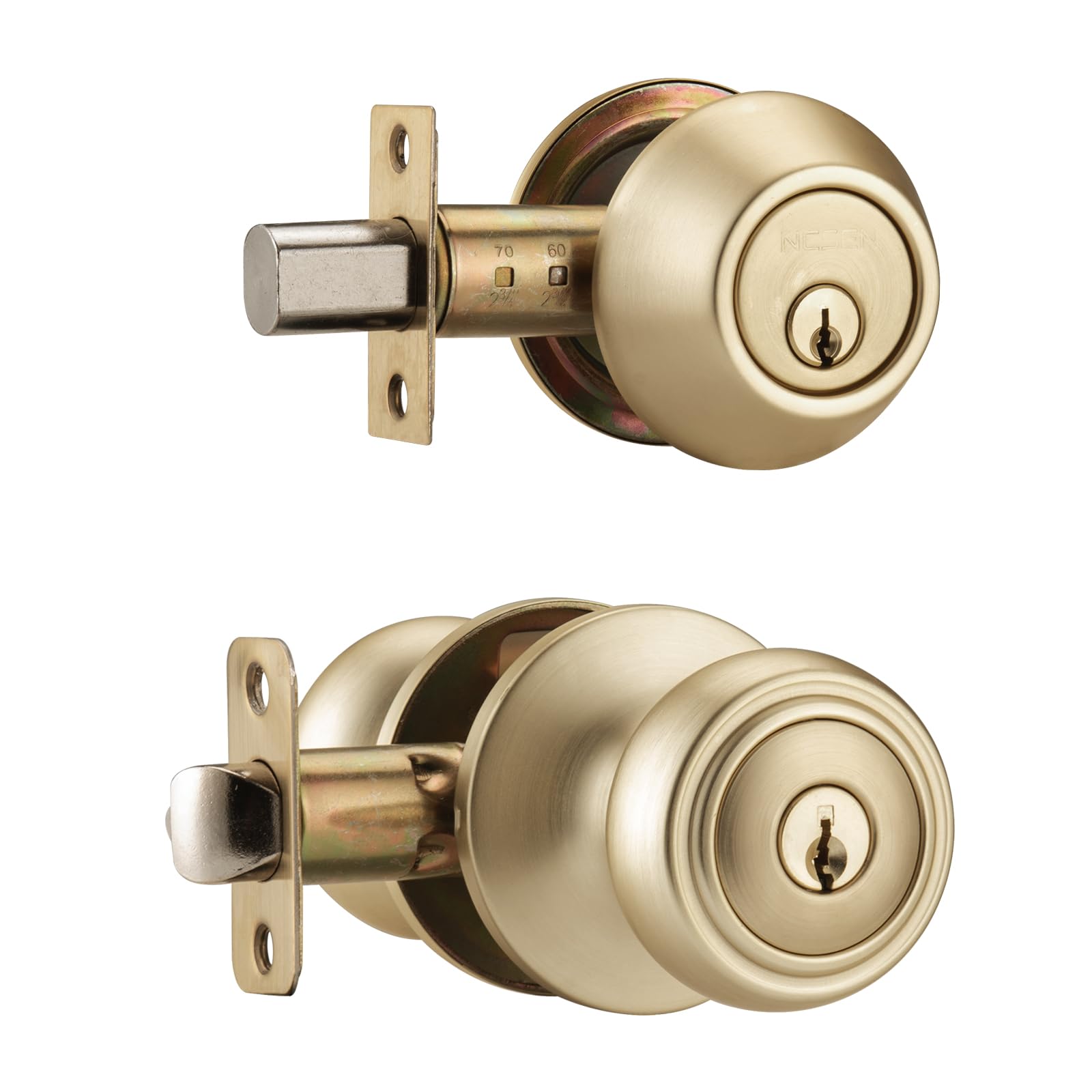 Ncsen Satin Brass Brushed Gold Door Knobs With Lock, Exterior Door Lock Set With Deadbolt Keyed Alike, Coastal Style Exterior Door Knob For Bedroom