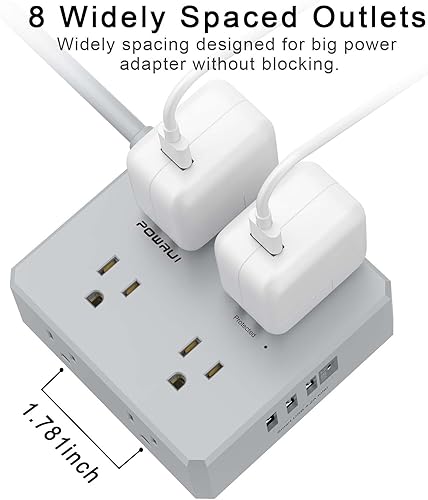 Miniatura 5 de Regleta protectora de sobretensiones  Cable de extensión de enchufe plano de 6 pies con 8 tomas amplias y 4 puertos USB (1 USB C), extensor de 3