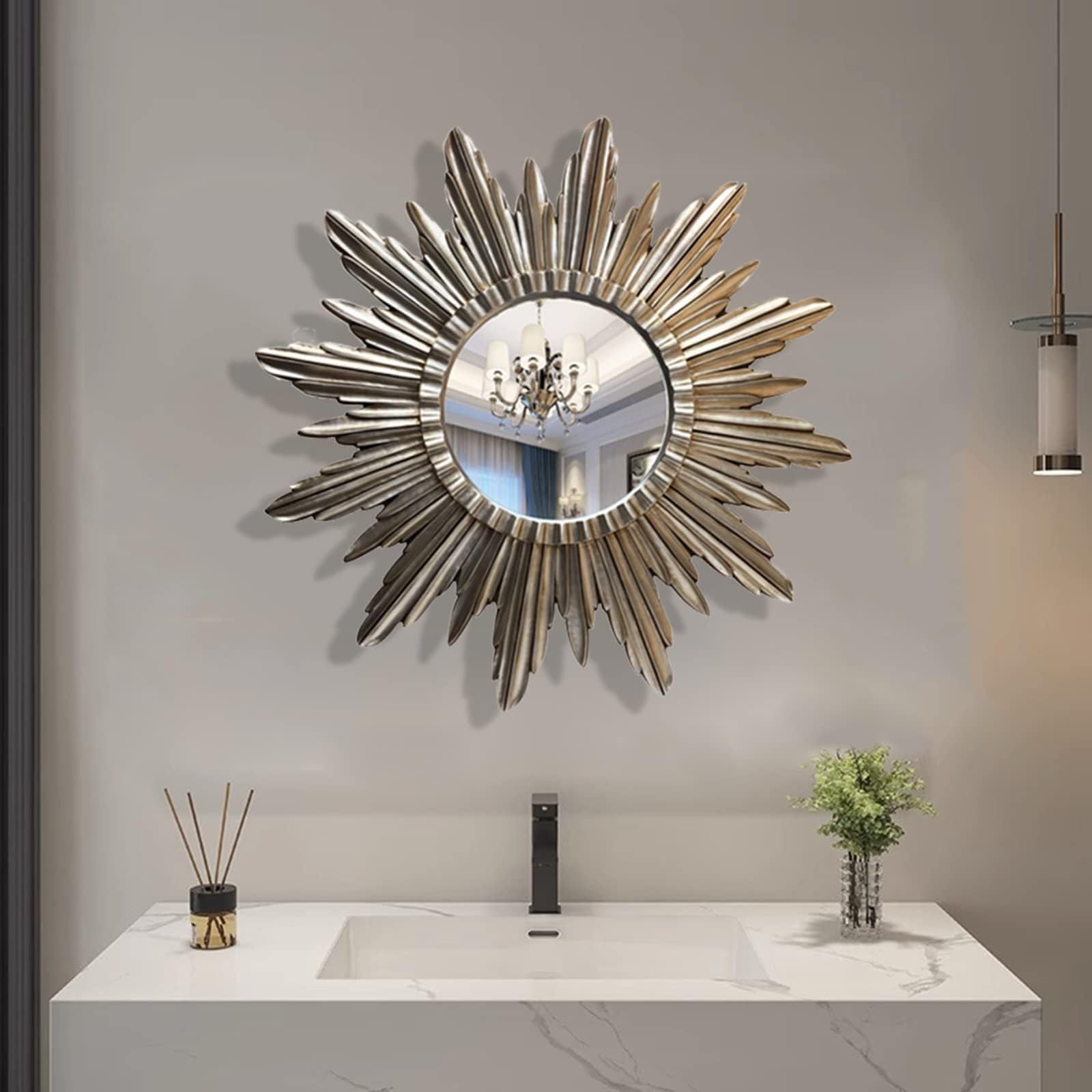 Specchio da Parete 46” Sunburst - Specchio da Parete Rotondo a Raggi di Sole Realizzato a Mano Specchio Decorativo Moderno per Soggiorno, Camera da Letto e Ingresso, Silver