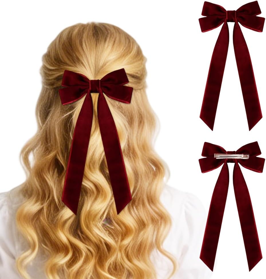 10 PCS Velvet Christmas Tree Bows with Hair Clip, 2025 New Velvet Christmas Tree Bow for Gift, Vintage velvets Ribbon Bow for Decor, Velvets Hair Bows with Alligator Clips for Women (Burgundy)