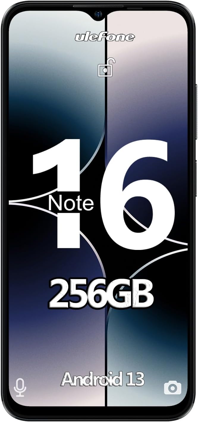 Ulefone Note 16 Pro SIM-Free Unlocked Mobile Phones, 256GB Storage, 50MP Camera, 4G Dual SIM Smartphone 6.52 inch HD+ Octa Core, Android 13, 4400mAh Fingerprint Face ID 5G WiFi, Phone Case Black