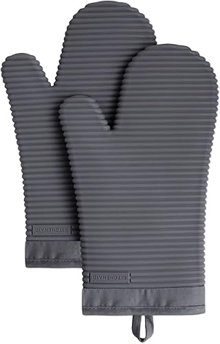 KITCHENAID Juego de 2 guantes de horno de silicona suave acanalados, 7.5 x 13 pulgadas, gris carbón