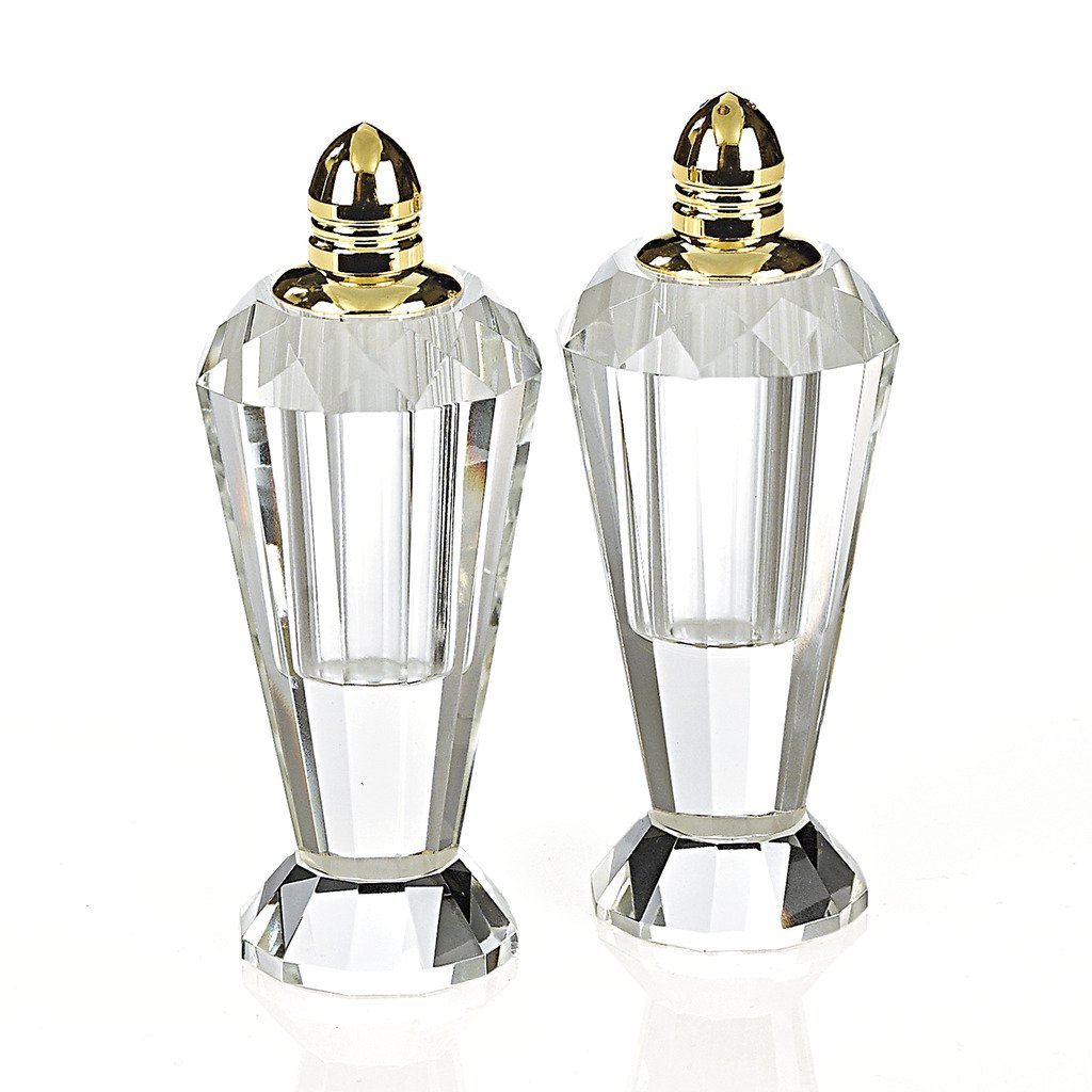 Badash Crystal Salt and Pepper Shaker Set - 4" Tall Preston Hand-Cut Optical Crystal Glass Shakers with Gold Tops - Set a Beautiful Table