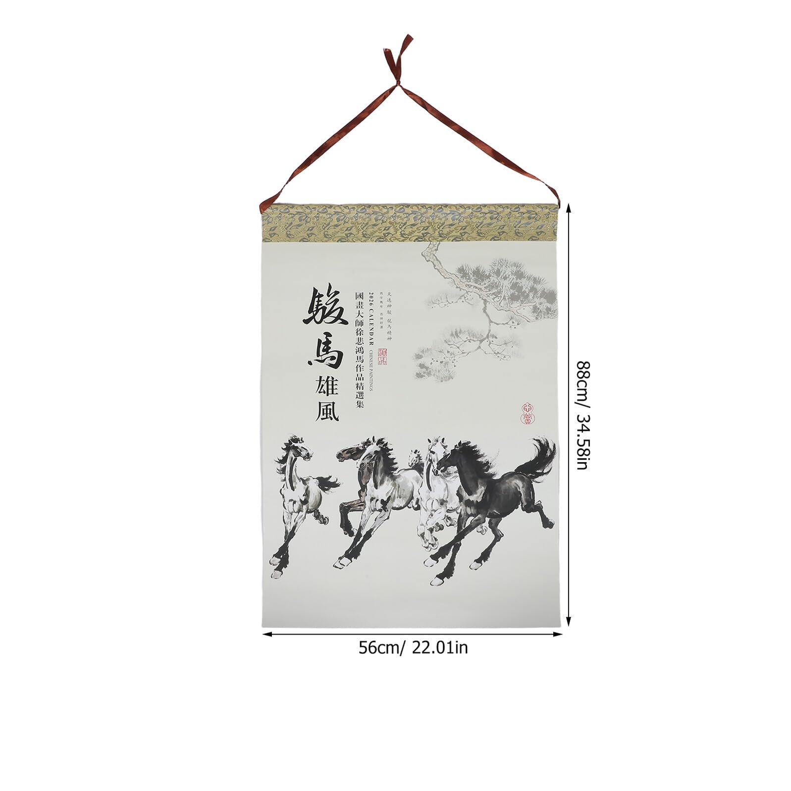 Calendario Cinese a Rotolo 2026 Anno del Cavallo Calendario da Parete Feng Shui con Fasi Lunari Planner Mensile Artistico in Stile Scorrimento per Casa e Ufficio