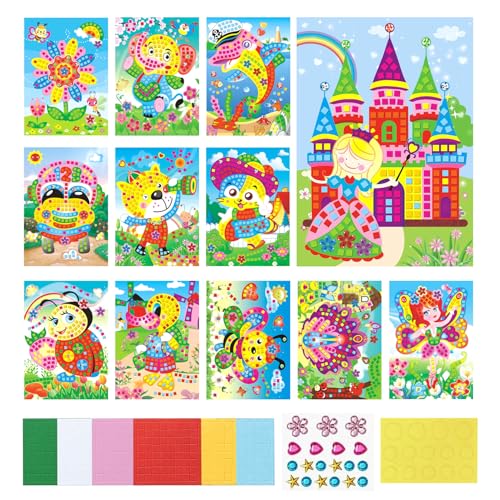 JurciCat 12 pièces Kit de Mosaique Enfant Sticky Mosaics pour Filles Garçons Bricolage DIY Cadeaux pour Anniversaire D'enfants Cadeau Activité pour Fête