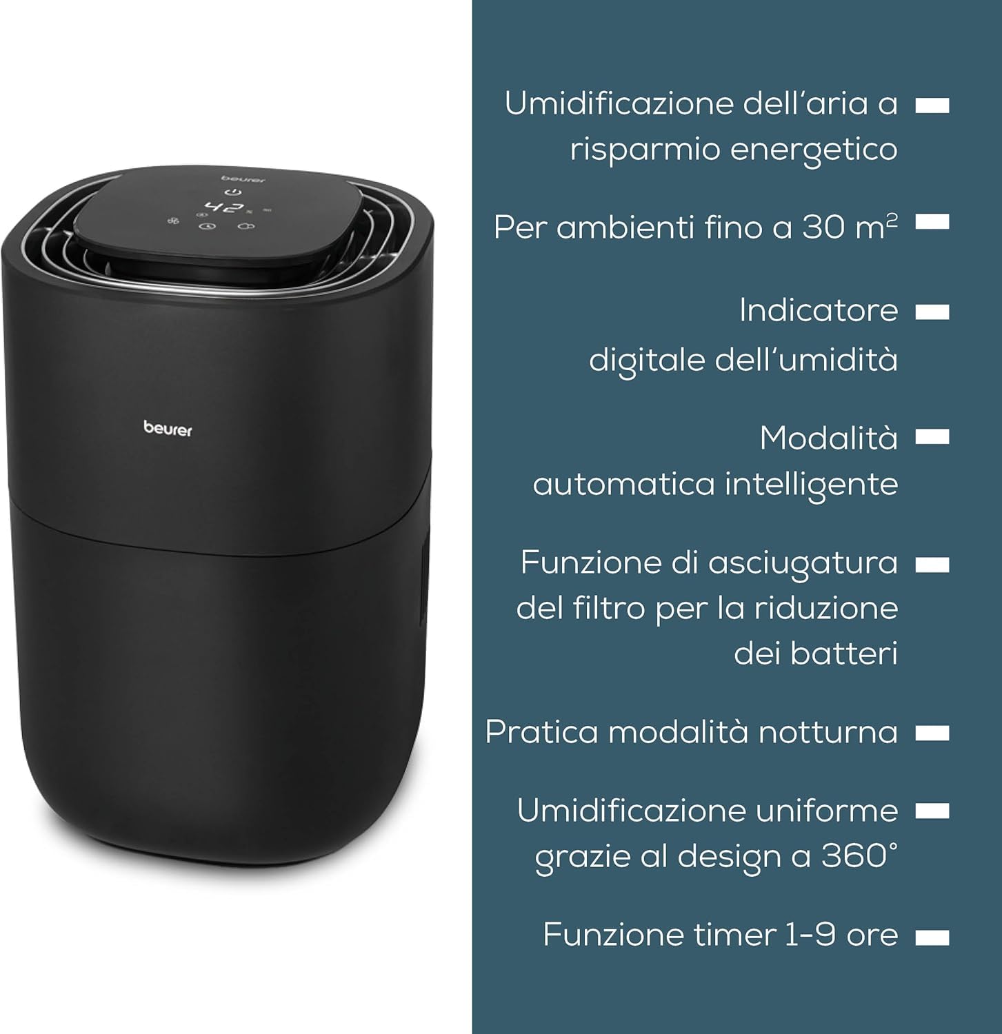 BEURER Umidificatore LB 200 Tecnologia di Evaporazione a Freddo in 3 Livelli ad Alta Efficienza Energetica, Umidificazione Igienica dell'Aria, Asciugatura del Filtro, per Ambienti fino a Circa 30 m²
