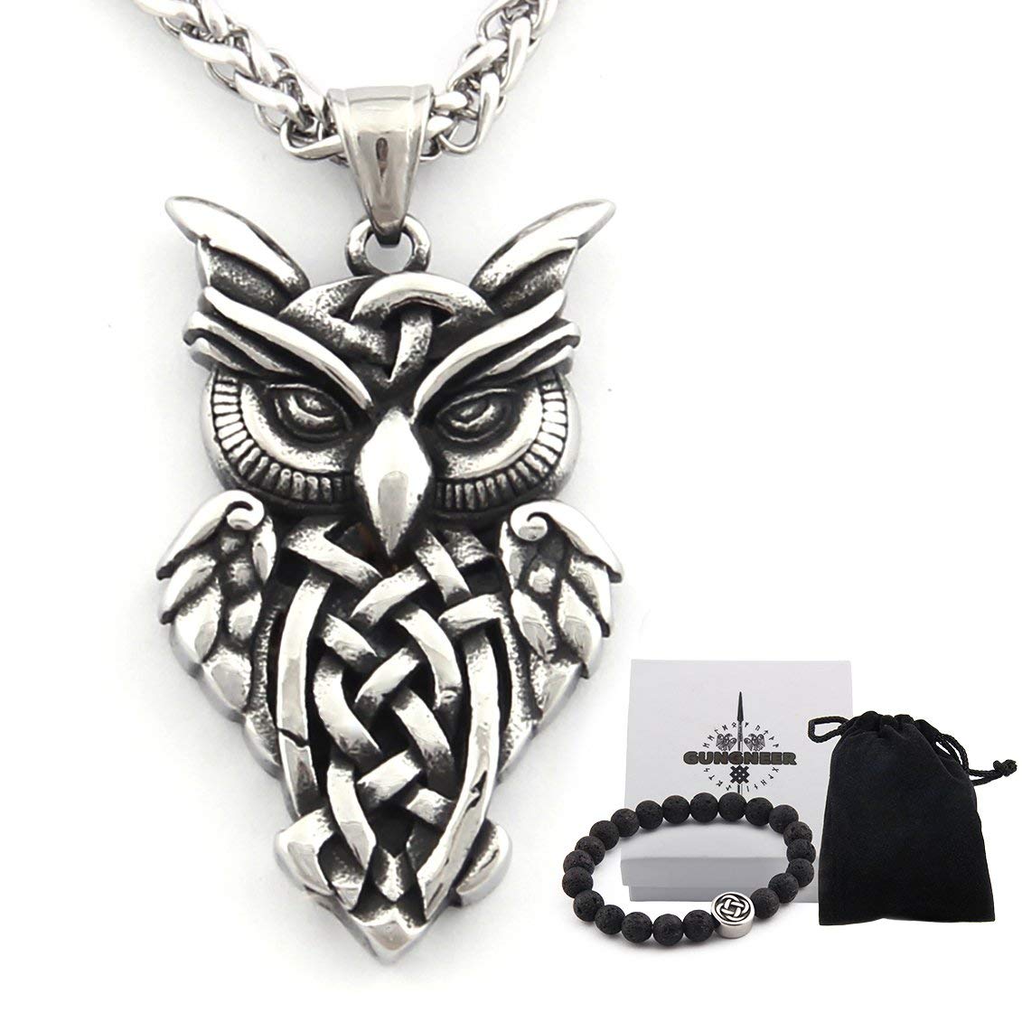 GungneerStainless Steel Irish Celtic Owl Pendant Necklace Celtic Knot Amulet Jewelry