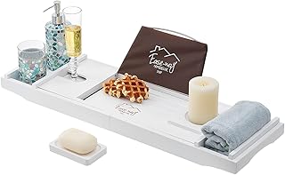 ايز- واي صينية حوض استحمام من الخيزران، صينية حمام خشبية لحوض الاستحمام مع حامل كتب وطبق صابون مجاني، تحمل الجوال، اللابتوب، منظم حوض الاستحمام القابل للتمديد للمنتجعات الصحية الفاخرة (ابيض)