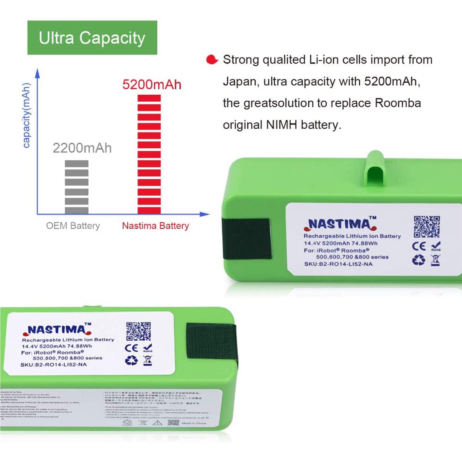 NASTIMA Xlife 14.4V 5200mAh Batería de Iones de Litio Compatible con iRobot Roomba 985 980 960 895 890 880 870 860 790 780 770 760 695 690 680 675 650 640 620 614