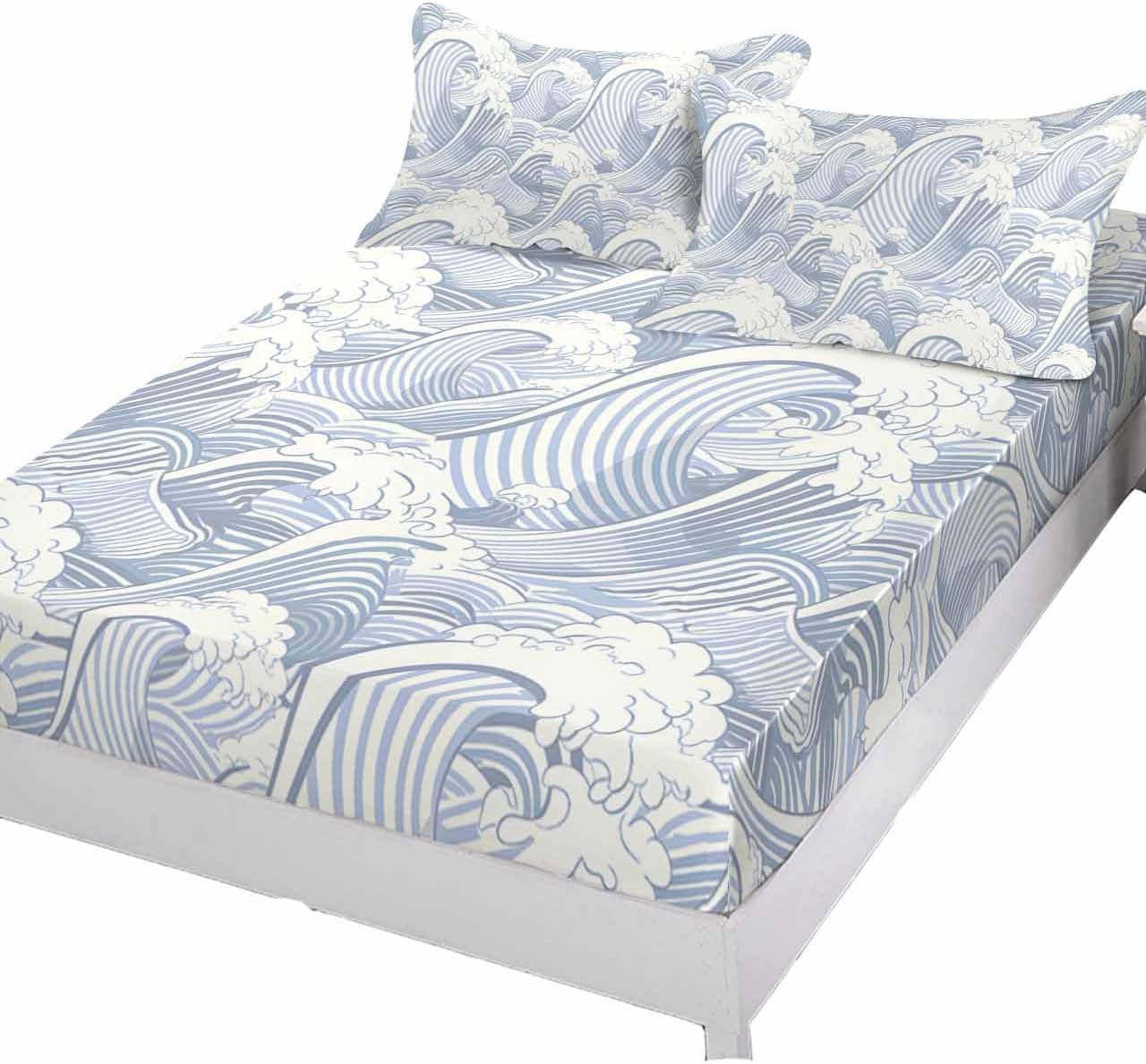 Bedding Queen Size Fitted Sheets Fit 5"-16" Deep Pocket Mattress,Abstract Ocean Wave Blue Stripe Soft Bottom Sheet Modern Marine Geometric Art Fitted Sheet Bed Set with Pillow Case