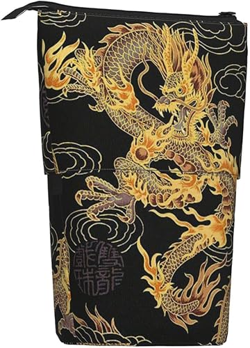 Miniatura 3 de Estuche telescópico con estampado de dragón amarillo y negro, estuche de papelería, soporte telescópico para bolígrafo, soporte para lápices