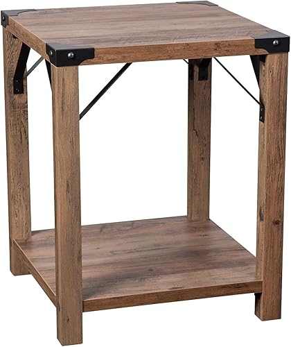 Flash Furniture Wyatt - Mesa auxiliar moderna de madera de 2 niveles con detalles de esquina de metal y soporte cruzado, juego de 1, roble rústico