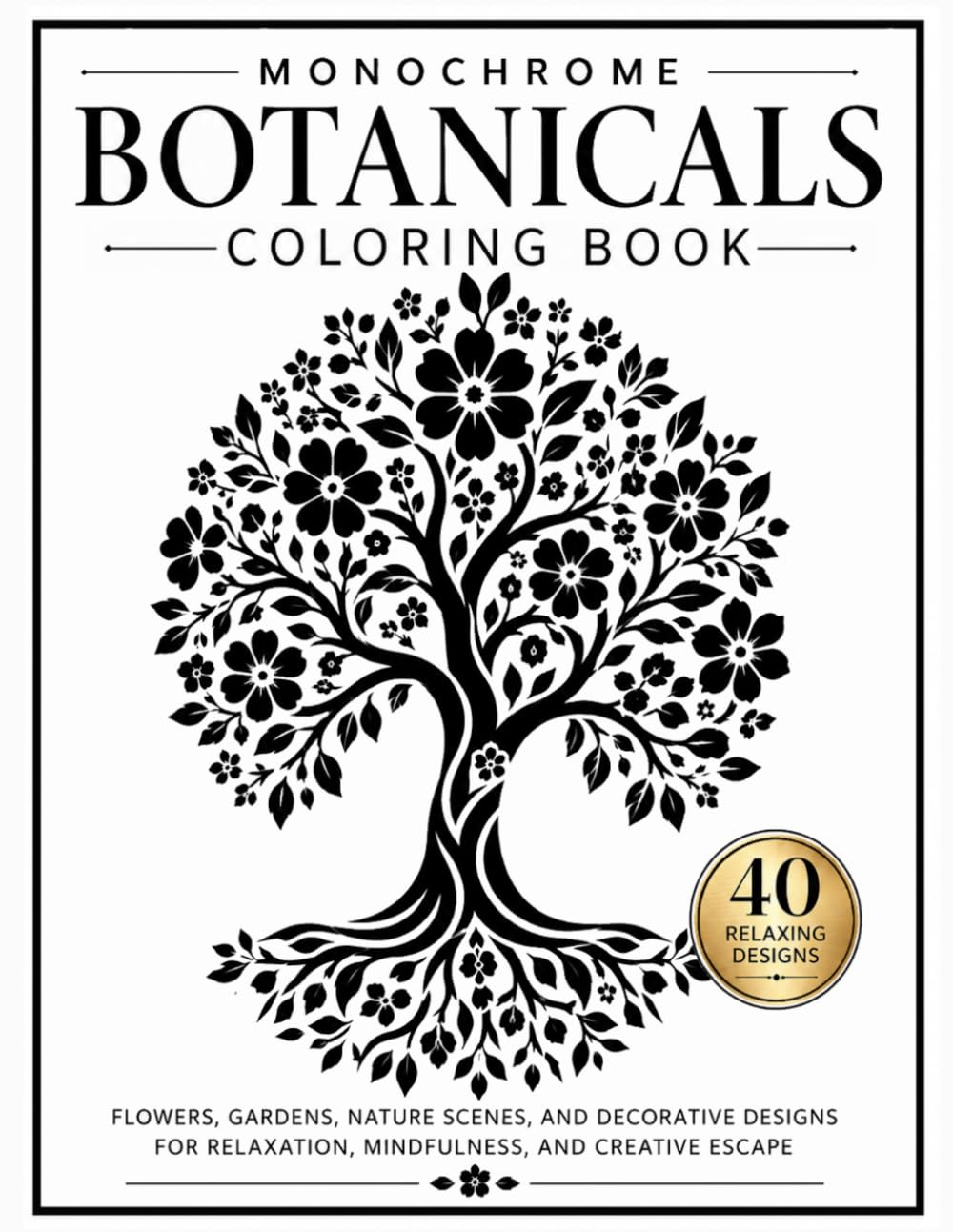 Monochrome Botanicals Coloring Book: Flowers, Gardens, Nature Scenes, and Decorative Designs for Relaxation, Mindfulness, and Creative Escape