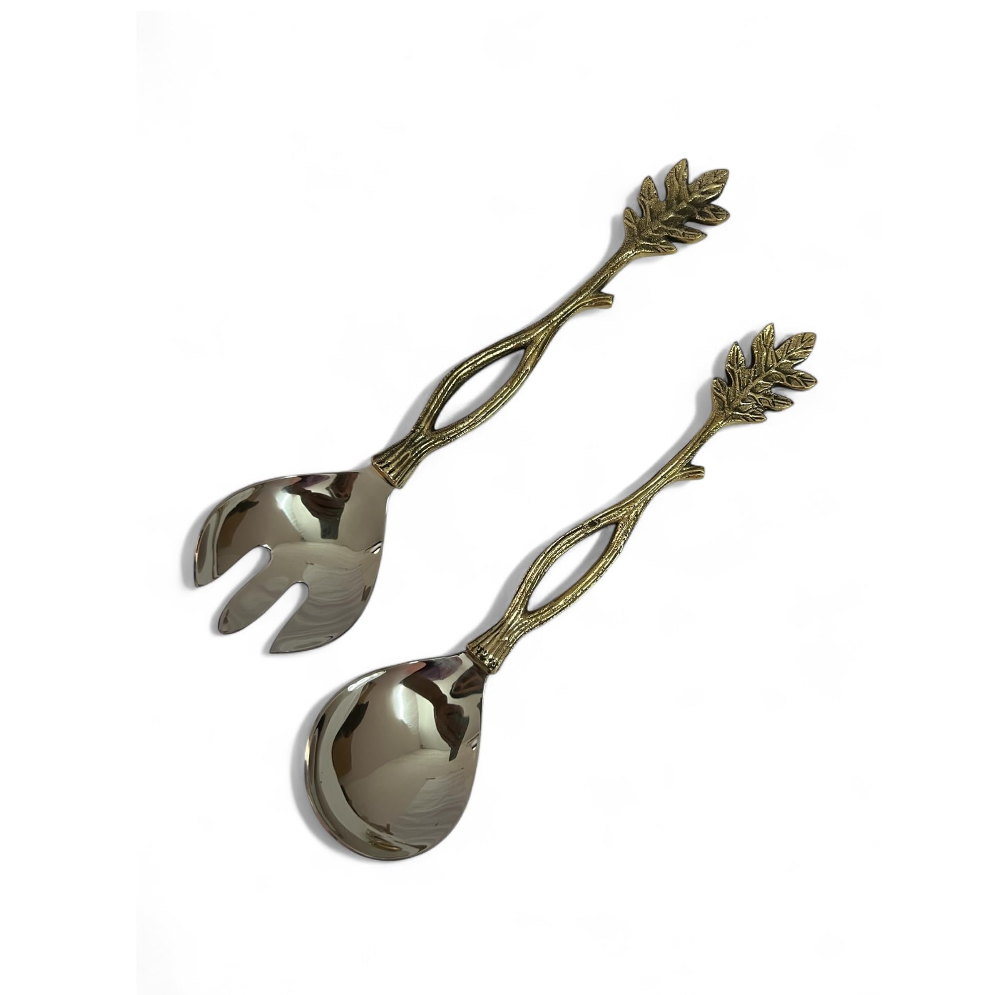 Morcomart Elegant Salad Server Set – 2-Piece Stainless Steel Spoon & Fork with Brass Gold Leaf Handles – Decorative Serving Utensils for Parties, Dining, Gifts