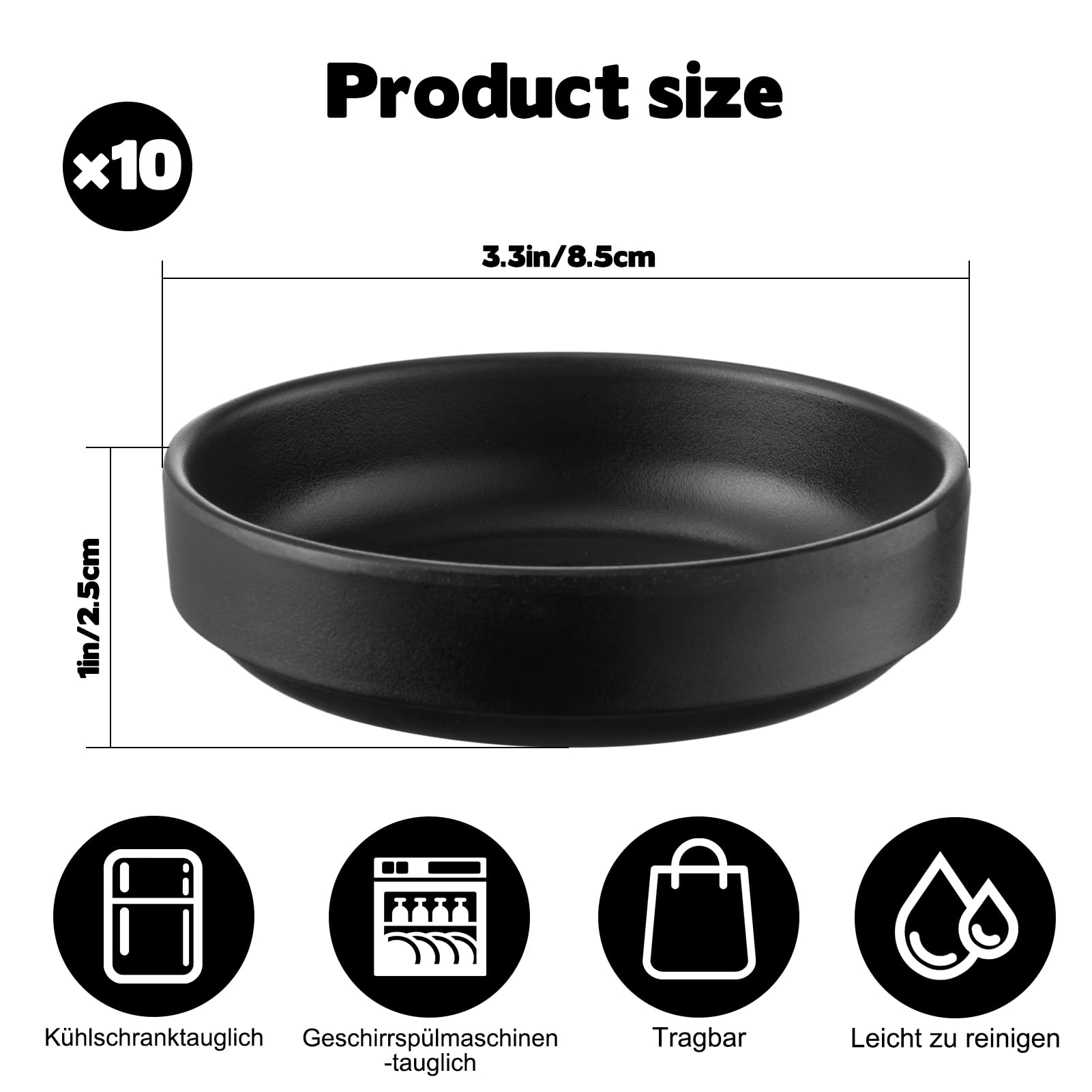 10 Stück Dipschalen Set, Dip Schälchen Set Schwarz 8,7 x 2,5 cm Melamin Rund Kleine Schalen Saucenschälchen Stapelbar für Sushi Sojasauce Ketchup Gewürze Snack BBQ, Schwarz