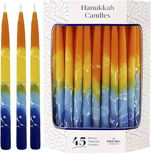 Miniatura 6 de The Dreidel Company Velas de Hanukkah sin goteo decoradas a mano de lujo Sunburst tricolor, 45 unidades para las 8 noches de Hanukkah