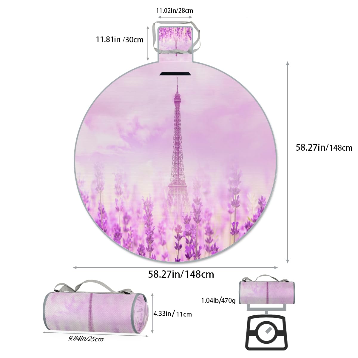 Shimoshe Flower Lavender Picnic Outdoor Blanket Foldable Waterproof Sandproof Beach Blanket Portable Water-Resistant Round Picnic Mat for Travel Camping Park Lawn