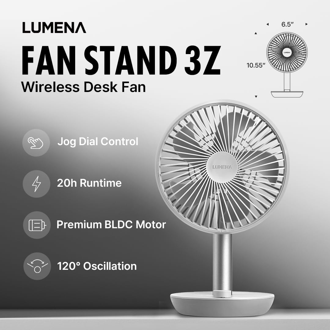 LUMENA Fan Stand 3Z - Ventilatore da scrivania oscillante portatile | Batteria ricaricabile a 4 velocità da 4000 mAh, oscillazione automatica, timer, design elegante opaco per casa o ufficio (viola)