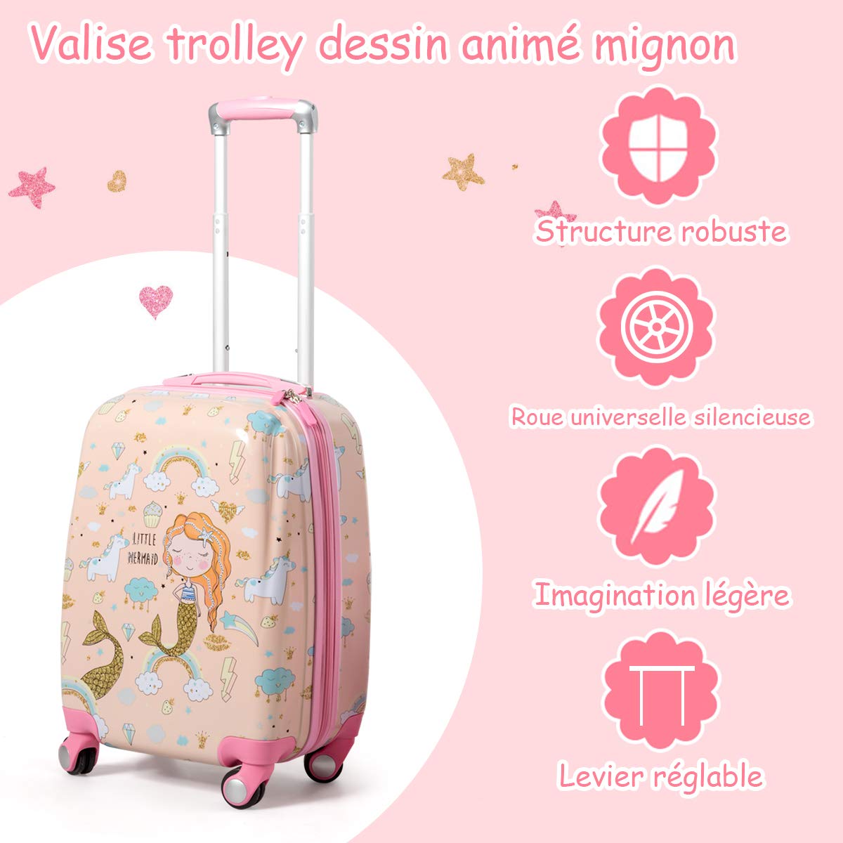 DREAMADE Valise Roulette Enfant 18" et Sac à Dos 12" avec Poignée Réglable Bagage Cabine Enfant 3+Ans avec Roues Pivotante 360° Bagage à Main Fille et Garçon Charge 50KG+8KG (Sirène)