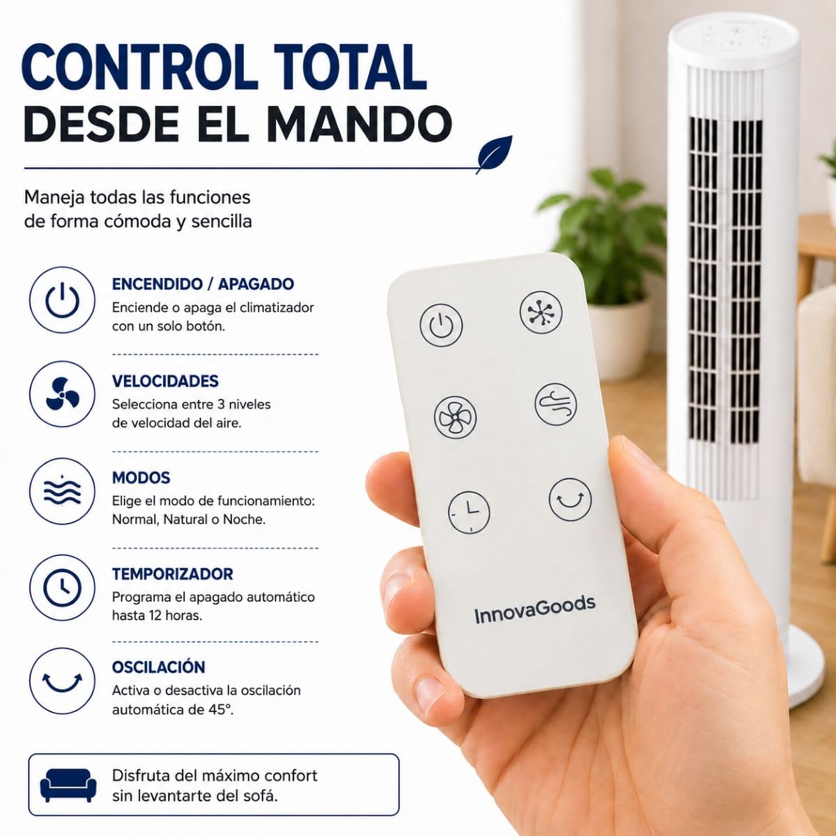 InnovaGoods - Climatizzatore evaporativo portatile Torre 4 in 1, ventilatore, umidificatore, diffusore di aromi, telecomando, 3,5 l, 3 velocità, timer, oscillazione 45°, silenzioso <46 dB